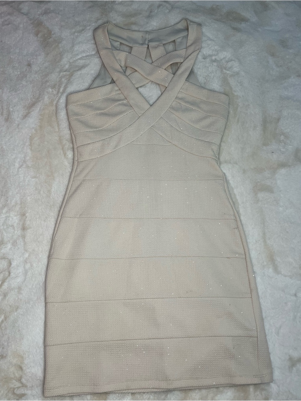 Sleeveless Crisscross Shimmery Bodycon Dress in Cream